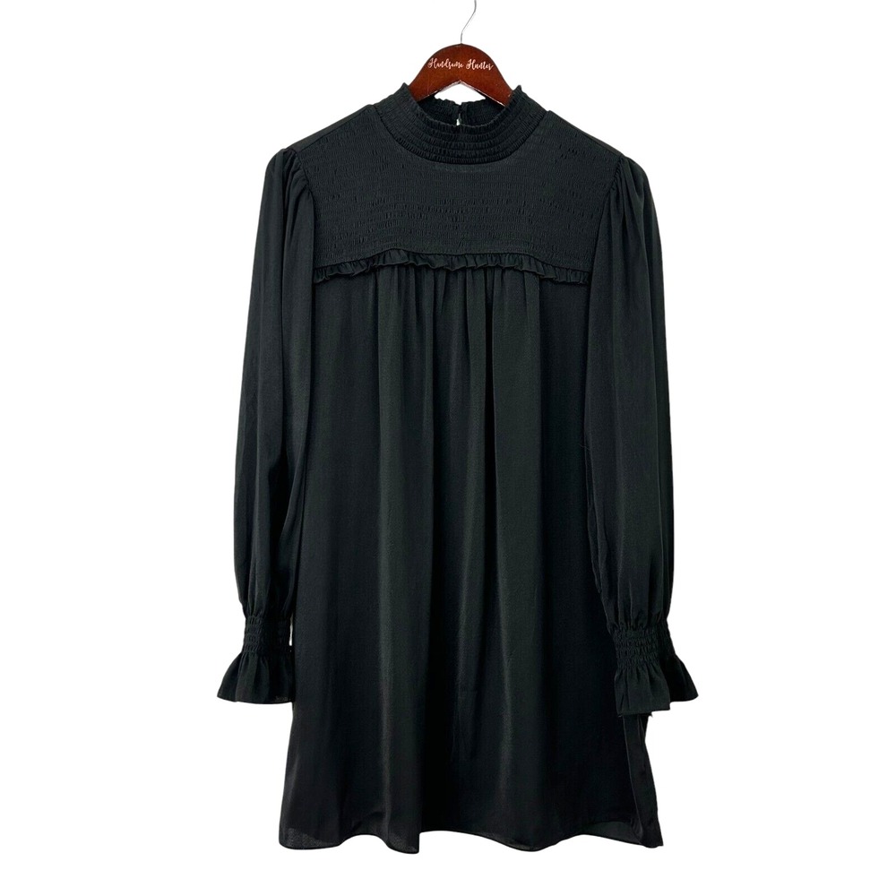Elan Womens Size M Black Mini Dress Mock Neck Sheer Unlined Ruffle Smocked U4